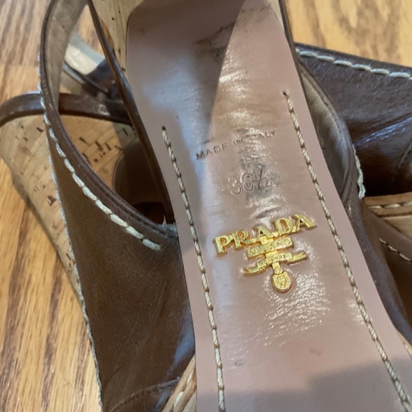 Prada Brown Leather Cork Wedge Sandals Size 36.5 (6 1/2) - Slingback Peep Toe - Picture 13 of 16
